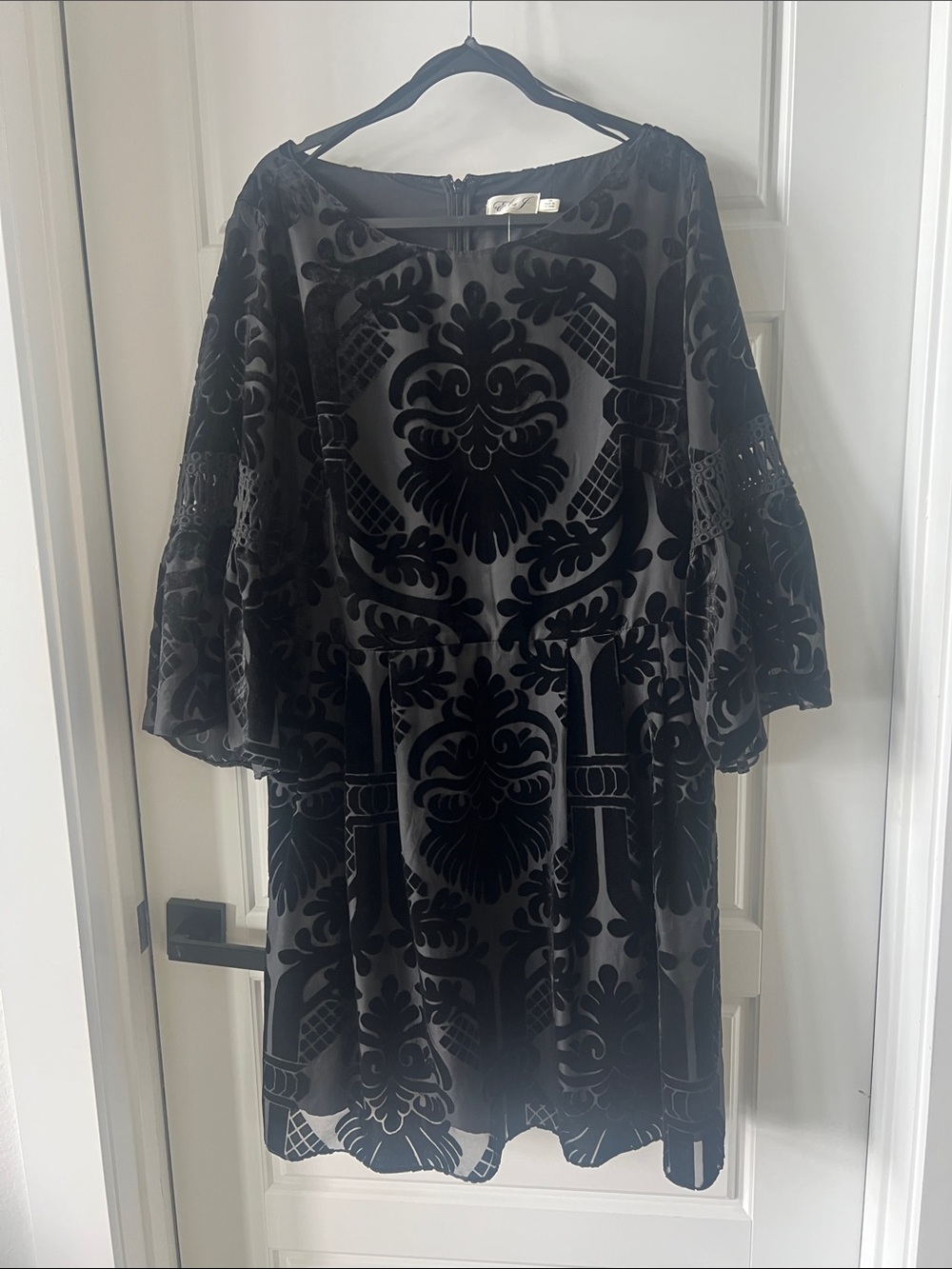 Eliza J Black Velvet Burnout Midi Dress with Bell Sleeves